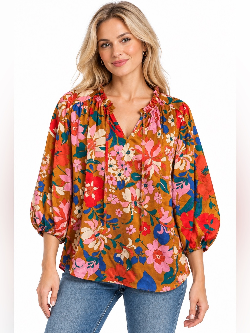 Entro Size Small Oversized Floral Peasant Blouse in Rust Multi - Women Tops